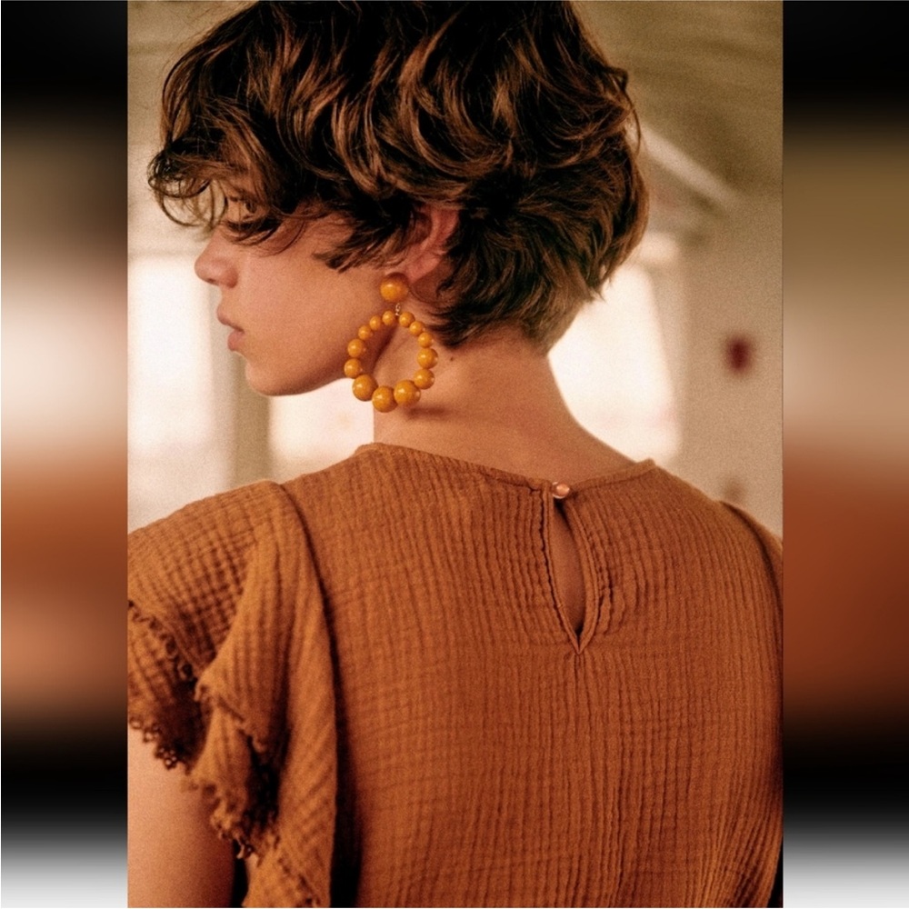 Sézane Ruffle Sleeve Gauzy Ester Blouse cafe Size 40/8 - Picture 3 of 9